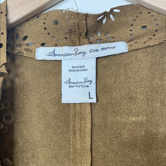 American Rag | Chestnut Brown Faux Suede Open Front Laser-cut Waterfall Top L - Picture 7 of 17